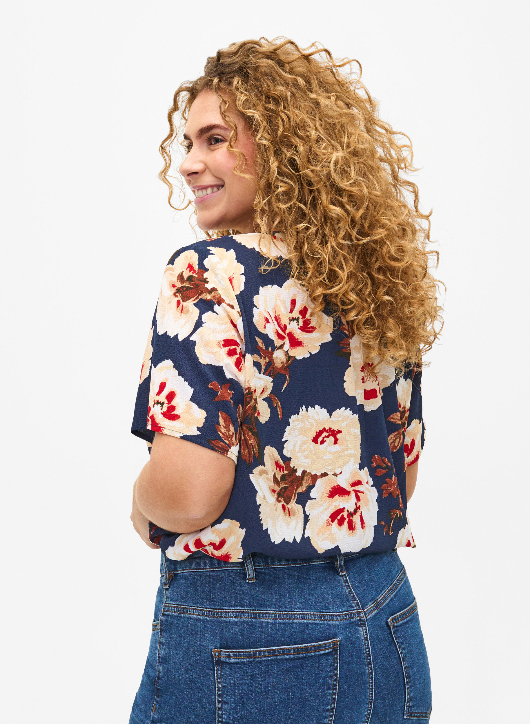 ZizziBlouse met korte mouwen en v-halslijn, Blauw, Model image number 2