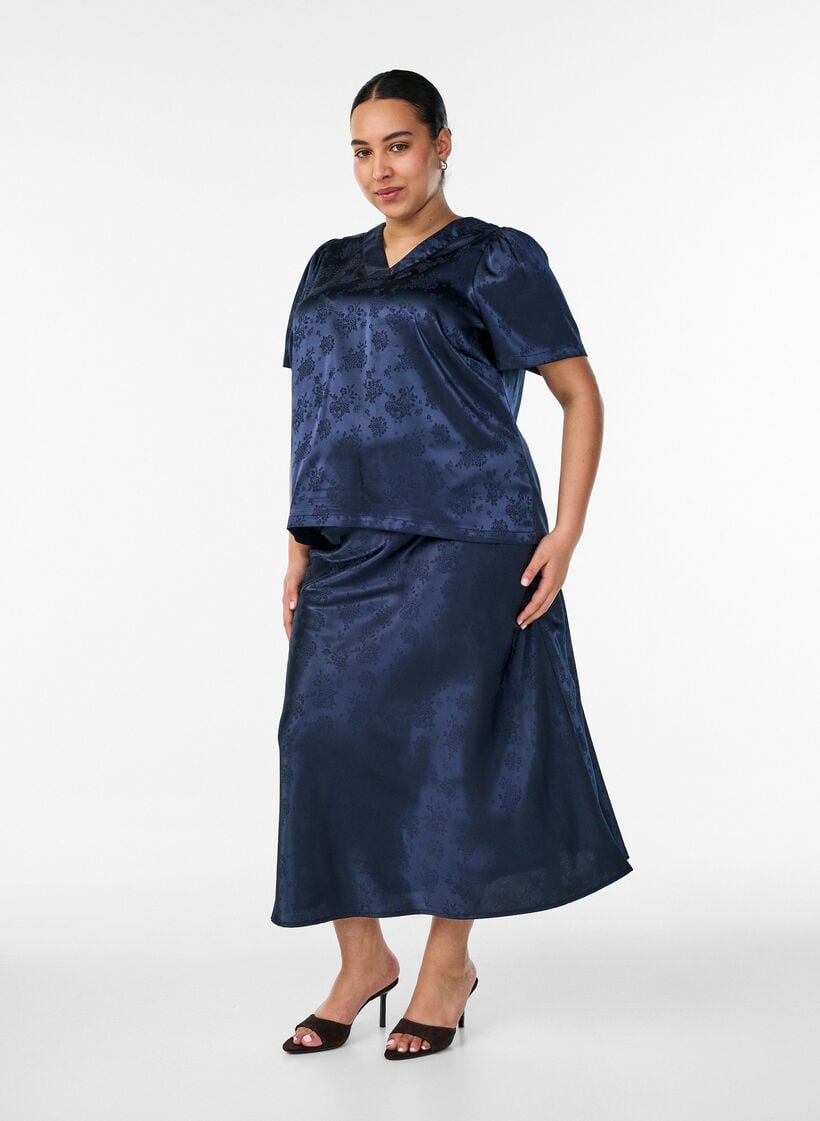 Satijnen rok met een tonale bloemenprint, Blauw, Model image number 0