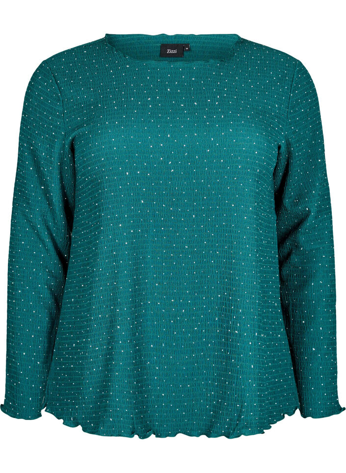 Blouse met lange mouwen en strassstenen, Groen, Packshot image number 0