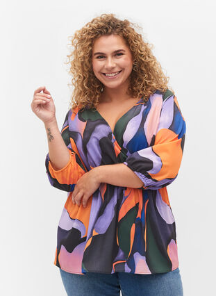 Bedrukte blouse met wikkel-look en 3/4 mouwen, Big Scale Print, Model image number 0
