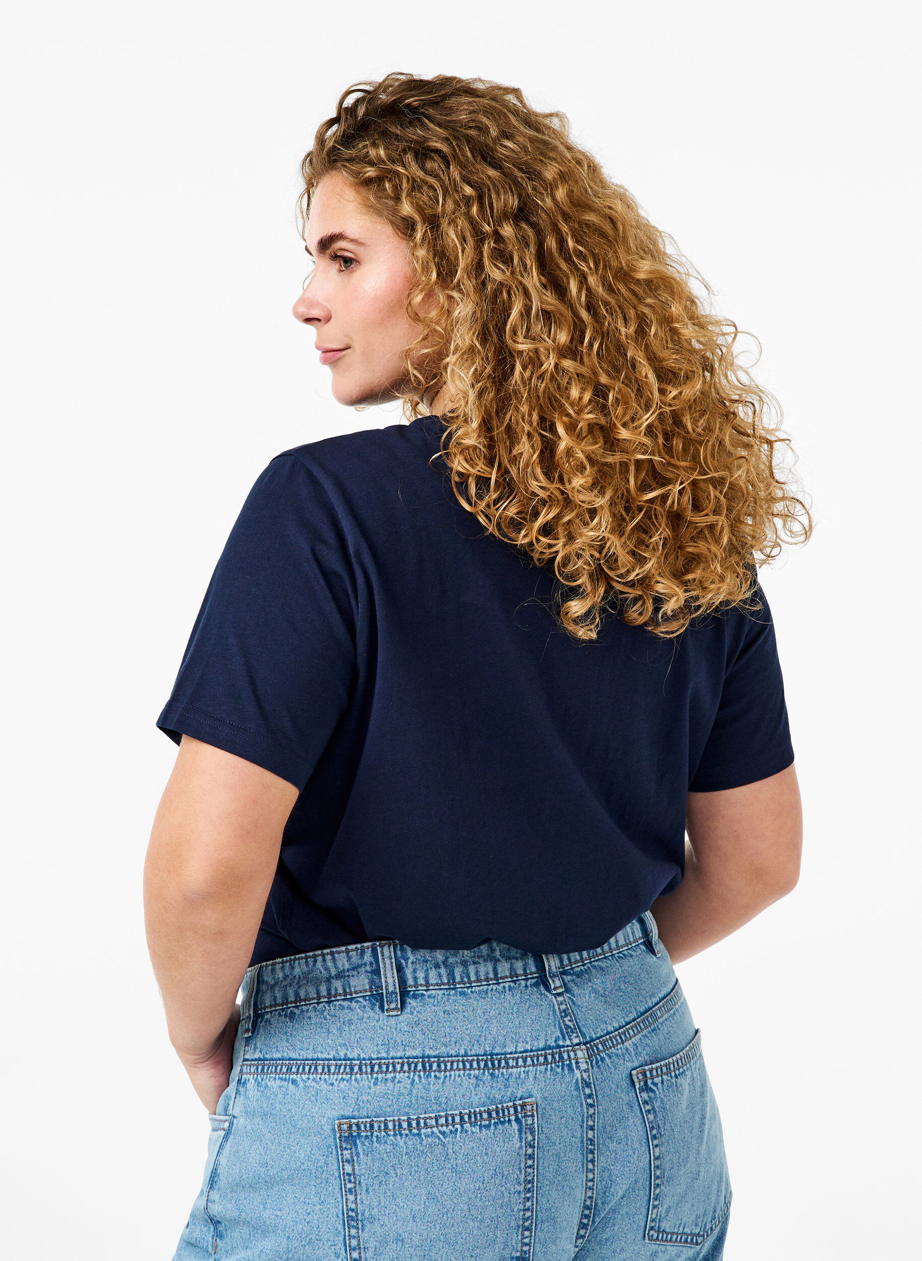 Zizzi Basic katoenen T-shirt met ronde hals, Blauw, Model image number 2