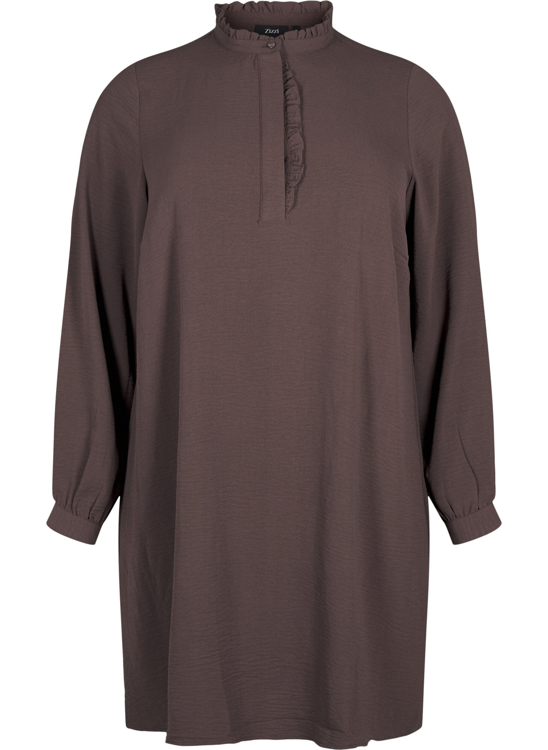 Zizzi Jurk met lange mouwen en details met ruches, Chocolate Martini, Packshot image number 0