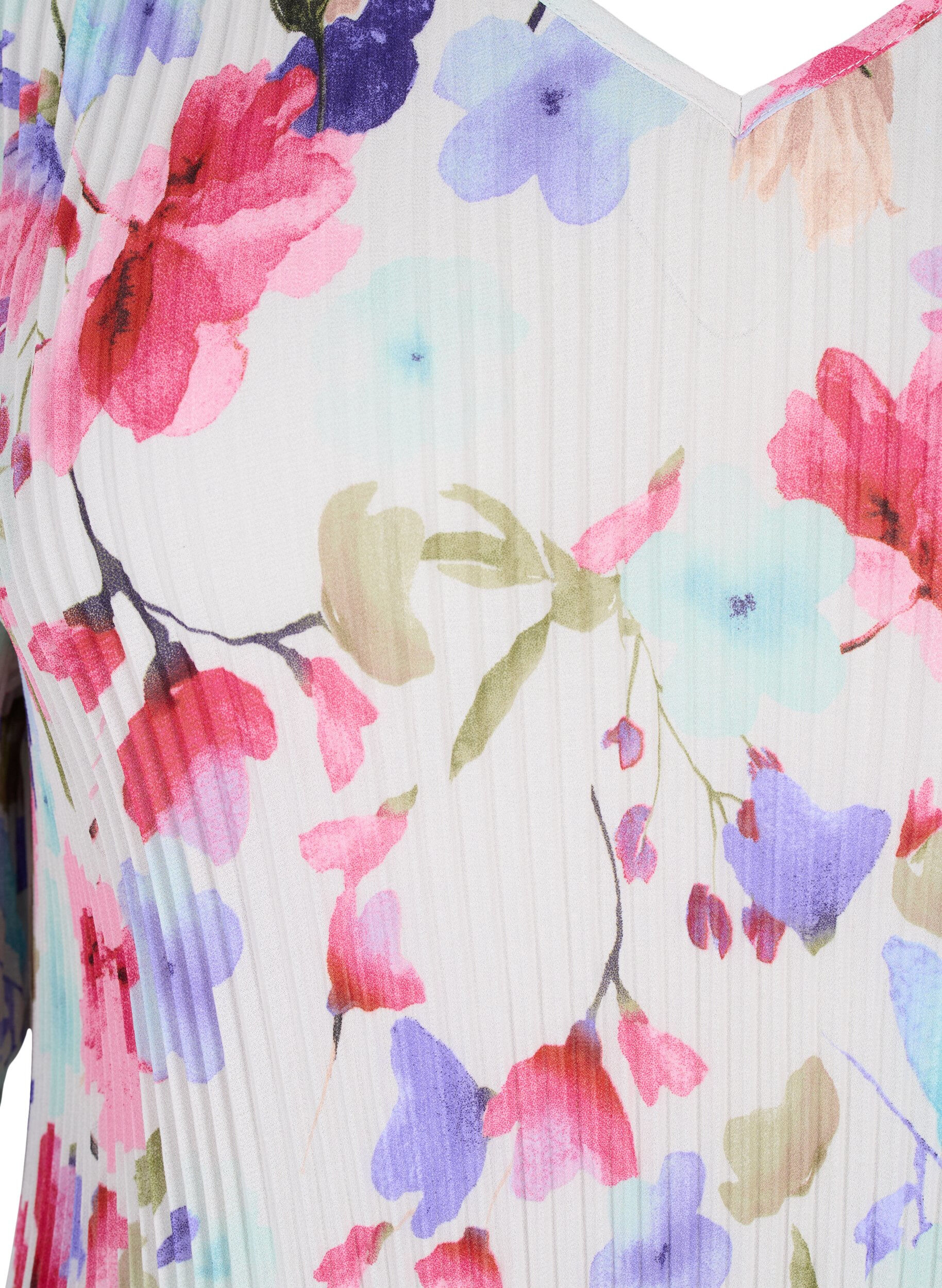 Zizzi Gebloemde blouse met plooien, White/MultiFlowerAOP, Packshot image number 2