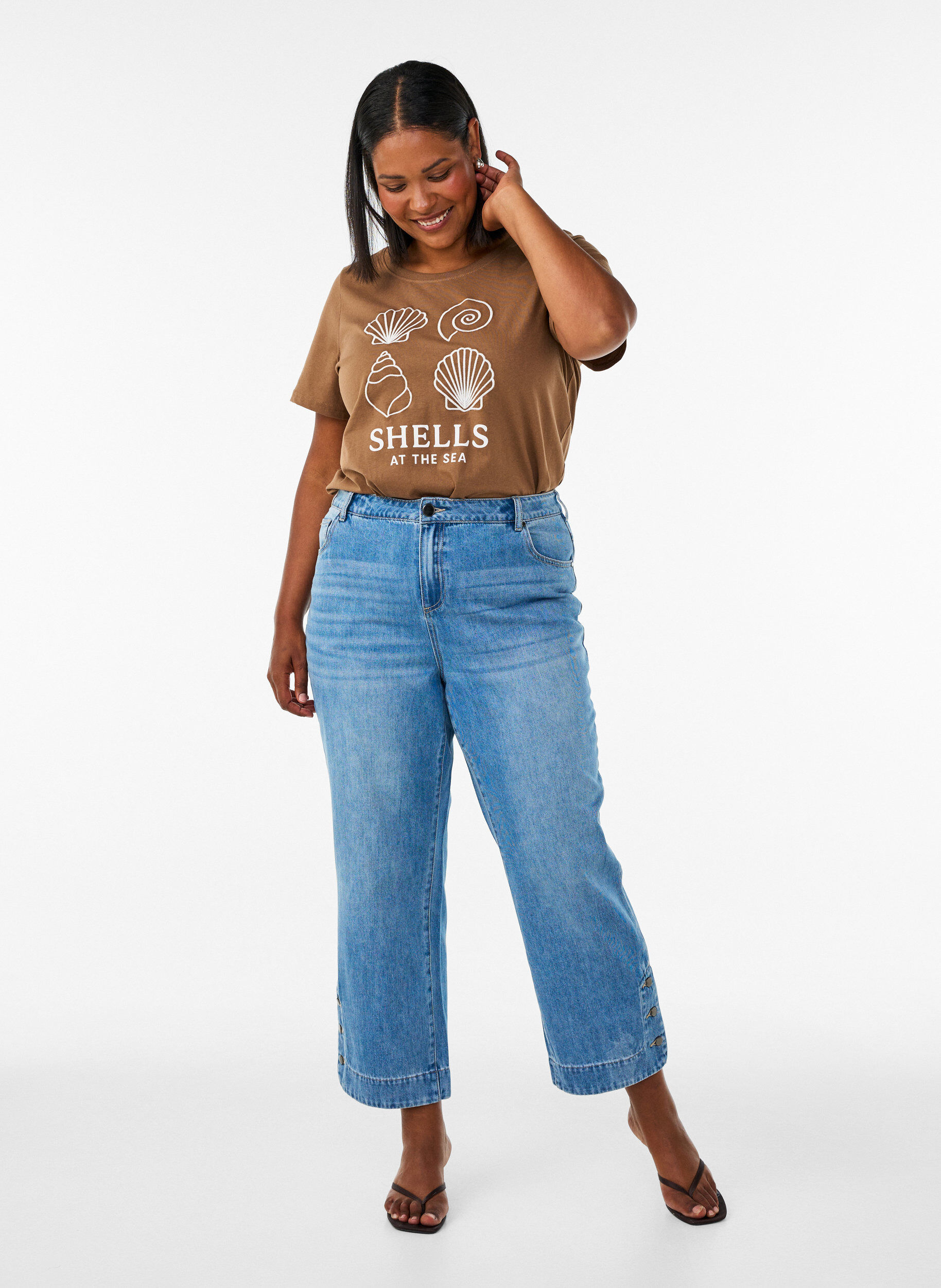 ZizziKatoenen T-shirt met print, Bruin, Model image number 1
