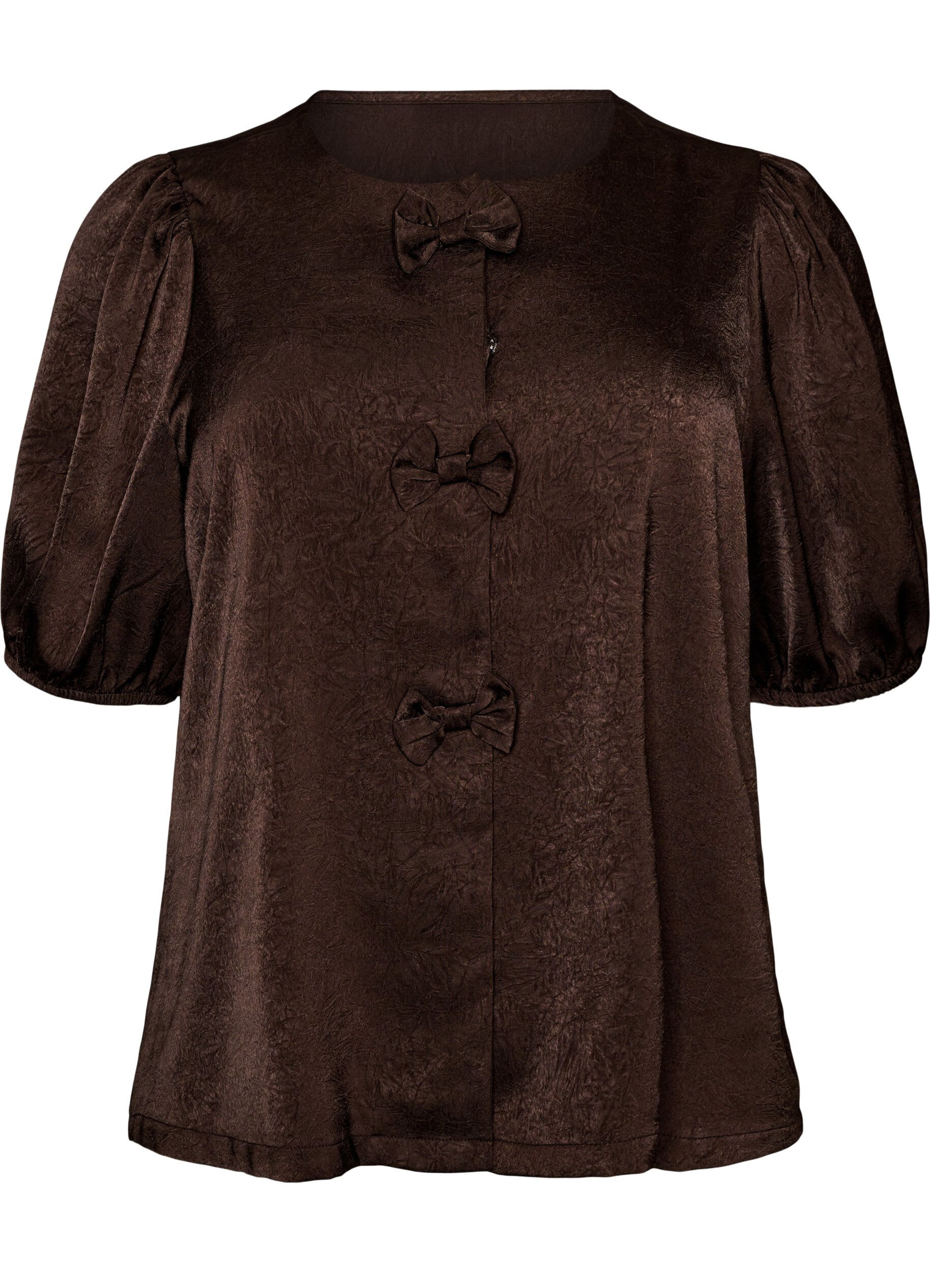 ZizziSatijnen blouse met strikjes en ellebooglange mouwen, Bruin, Packshot image number 0