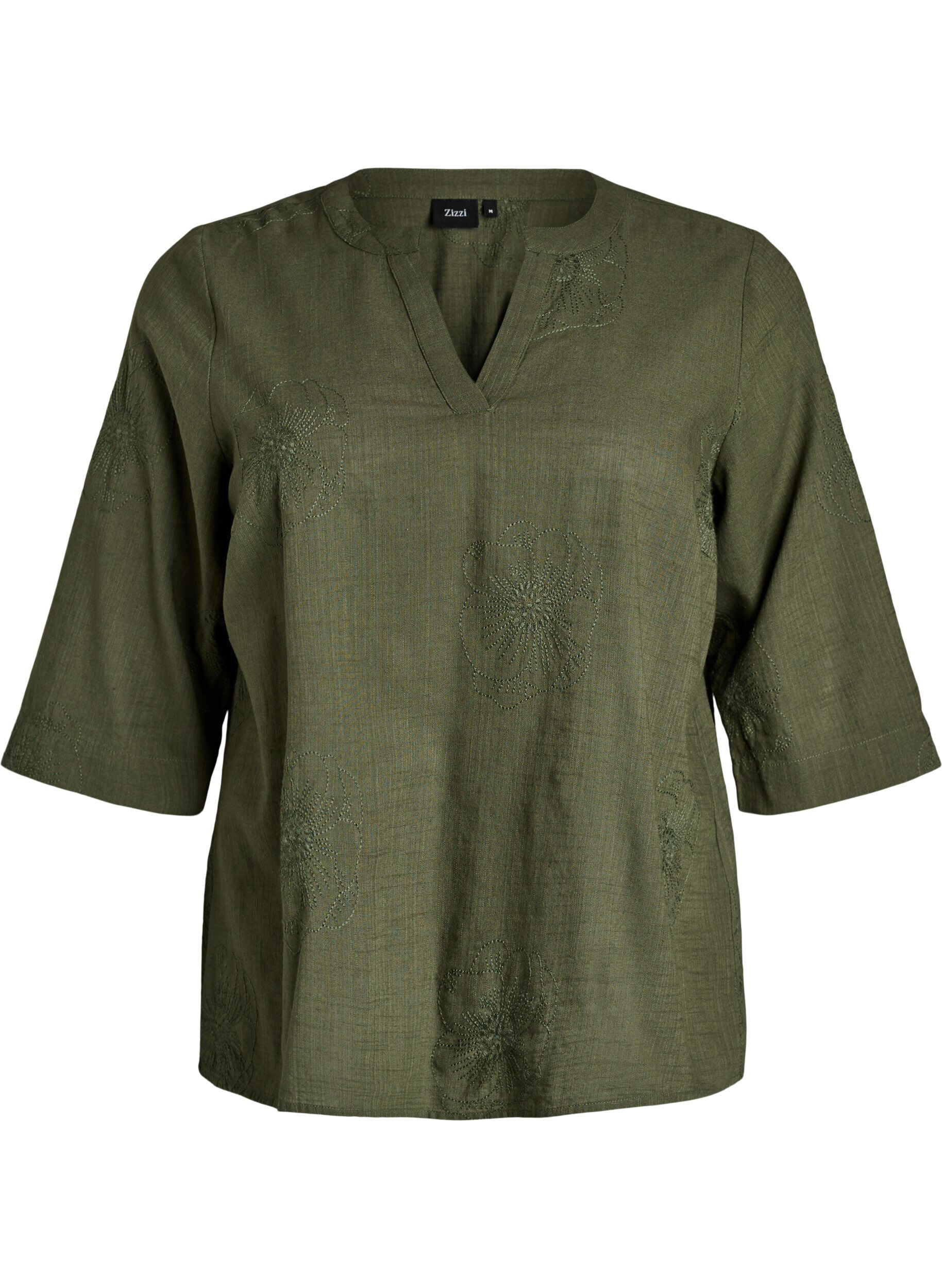 Zizzi Katoenen blouse met geborduurde details en 3/4 mouwen, Groen, Packshot image number 0