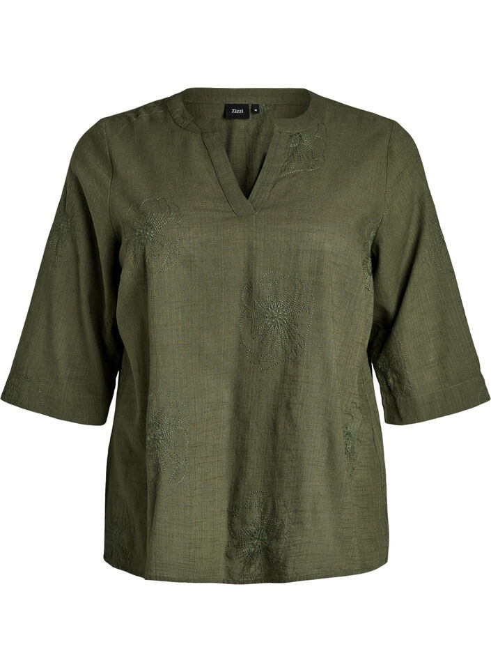 Katoenen blouse met geborduurde details en 3/4 mouwen, Groen, Packshot image number 0