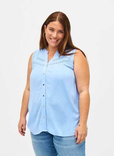 Mouwloze viscose blouse met gehaakt detail, Serenity, Model image number 0