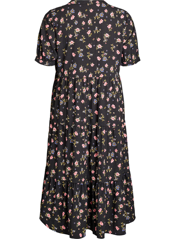 Enkellange jurk met korte mouwen en gelaagde ruches, Zwart, Packshot image number 1