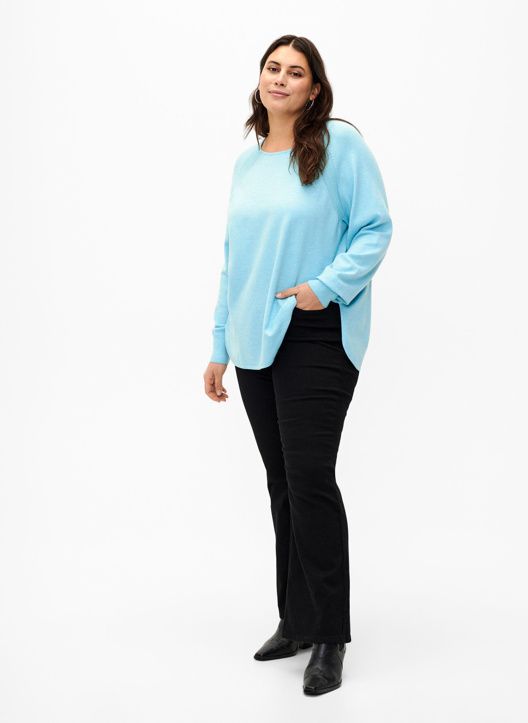 Zizzi Gebreide blouse met raglanmouwen, Blue Curacao Mel., Model image number 2