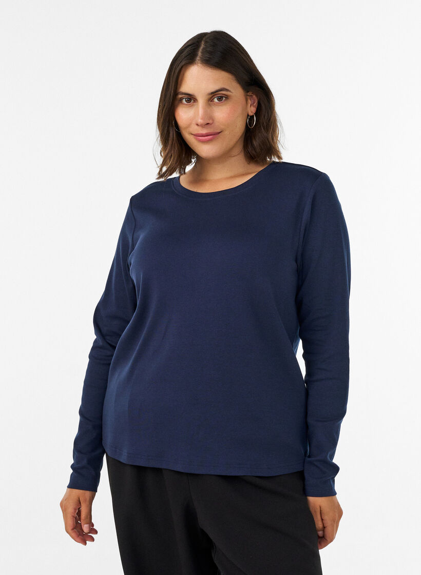 Basic T-shirt met ronde hals en lange mouwen, Blauw, Model image number 0