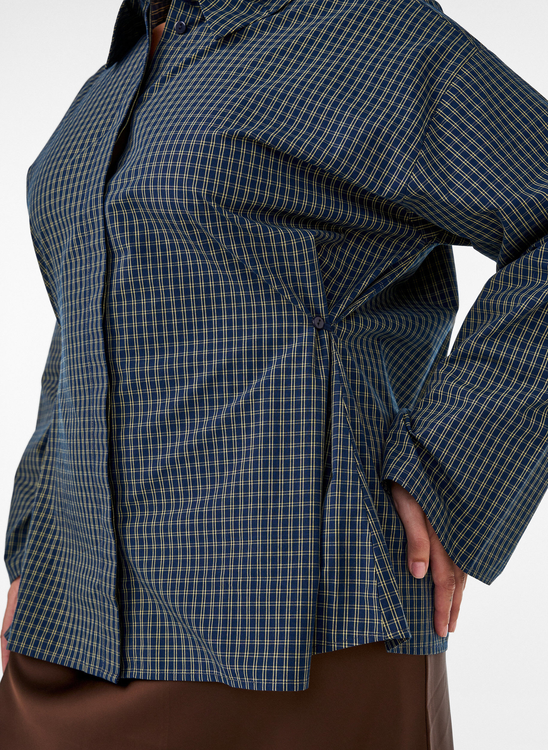 ZizziKatoenen overhemd met ruitpatroon en onzichtbare knoopsluiting, Blauw, Model image number 3