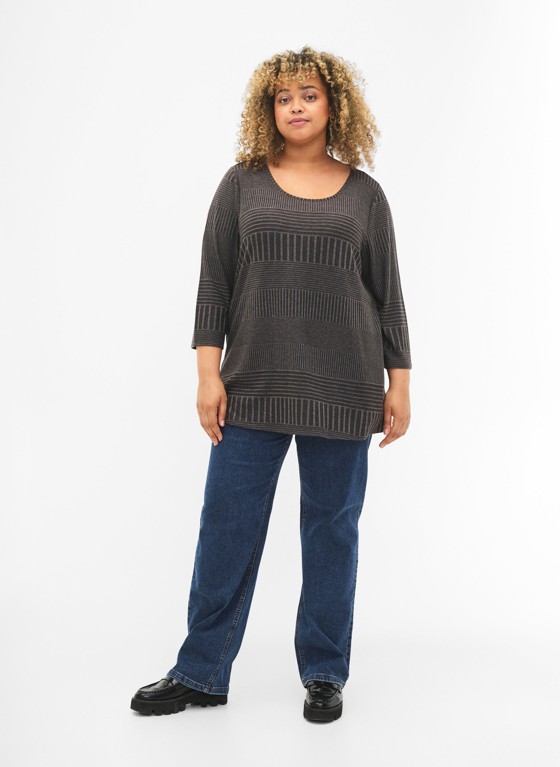 Zizzi Blouse met driekwartmouwen en een gestreept patroon, Dark Grey Melange, Model image number 2