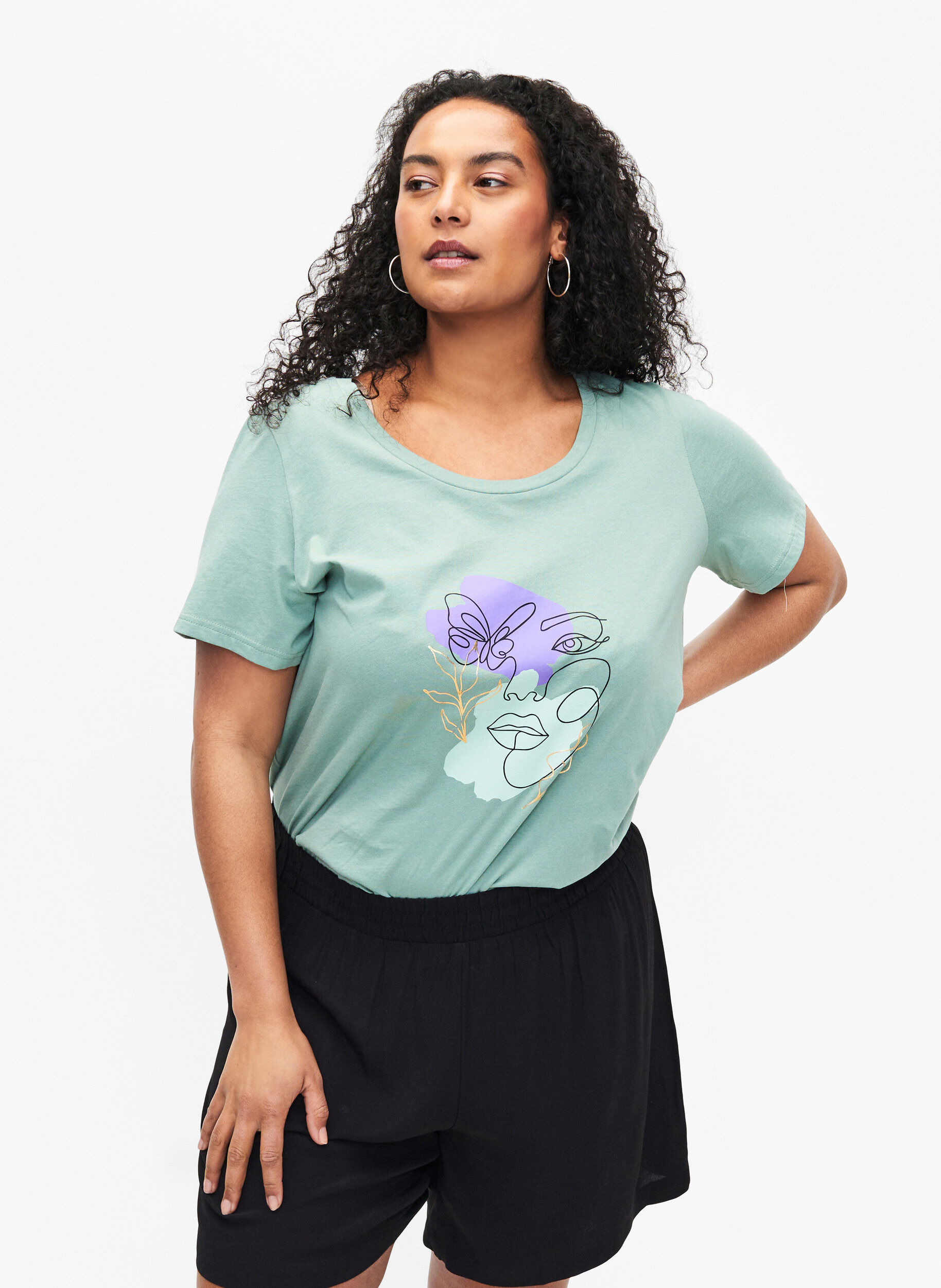 Zizzi Katoenen T-shirt met motief, Ch. Green w. Face, Model image number 0