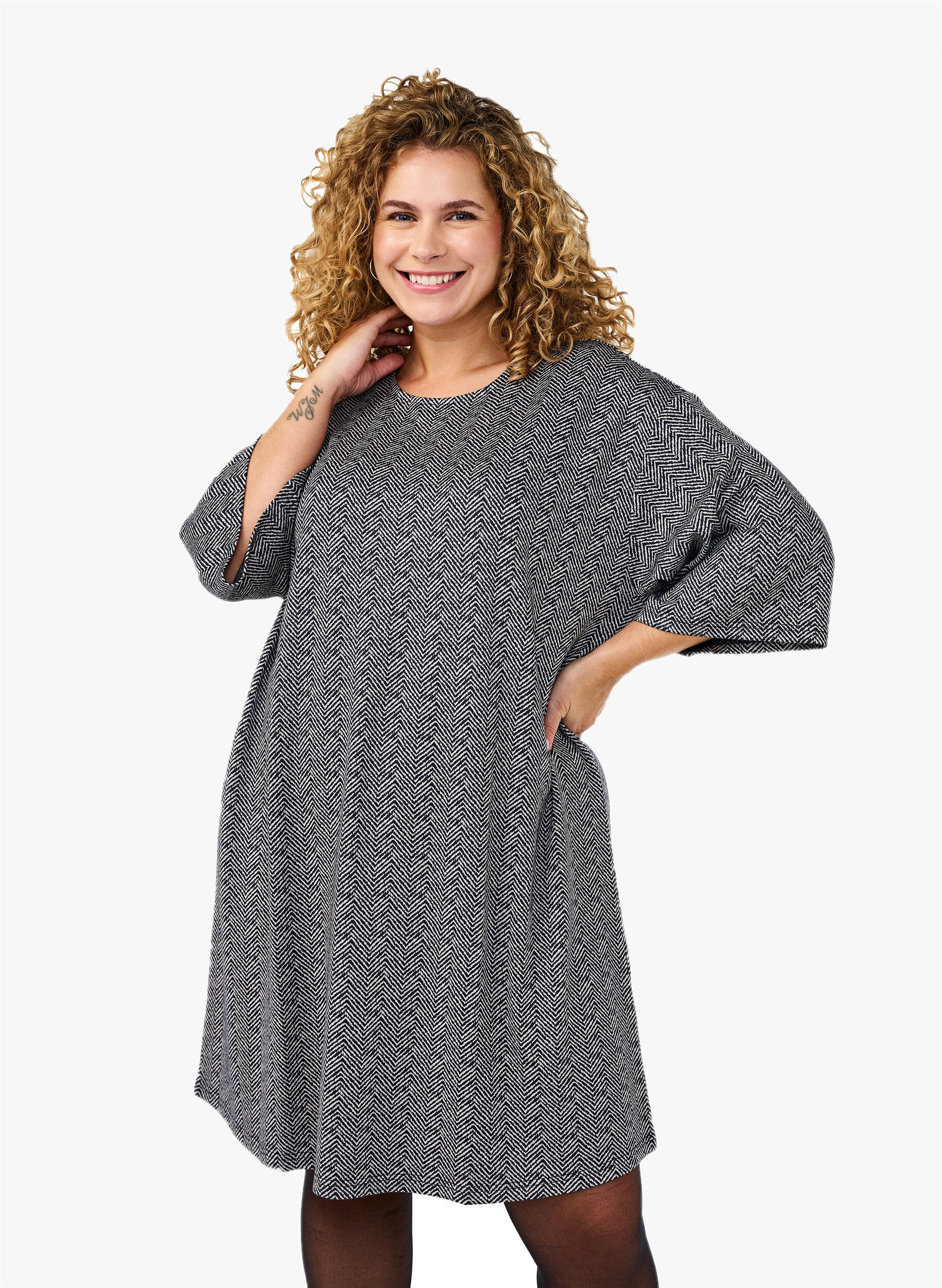 Zizzi Jurk met patroon en 3/4 mouwen, Blauw, Model image number 0