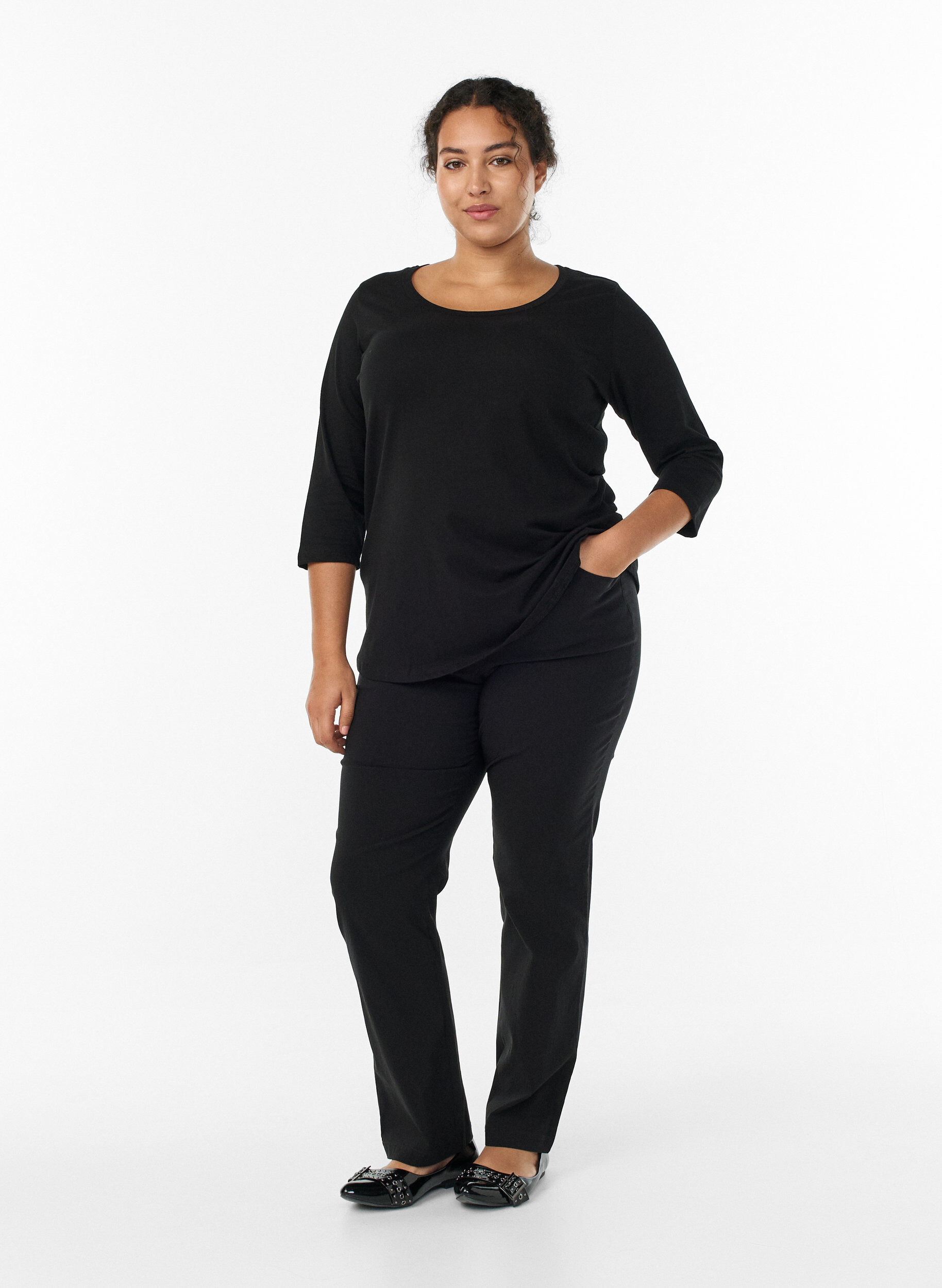 Zizzi Basic katoenen t-shirt met 3/4 mouwen, Zwart, Model image number 1