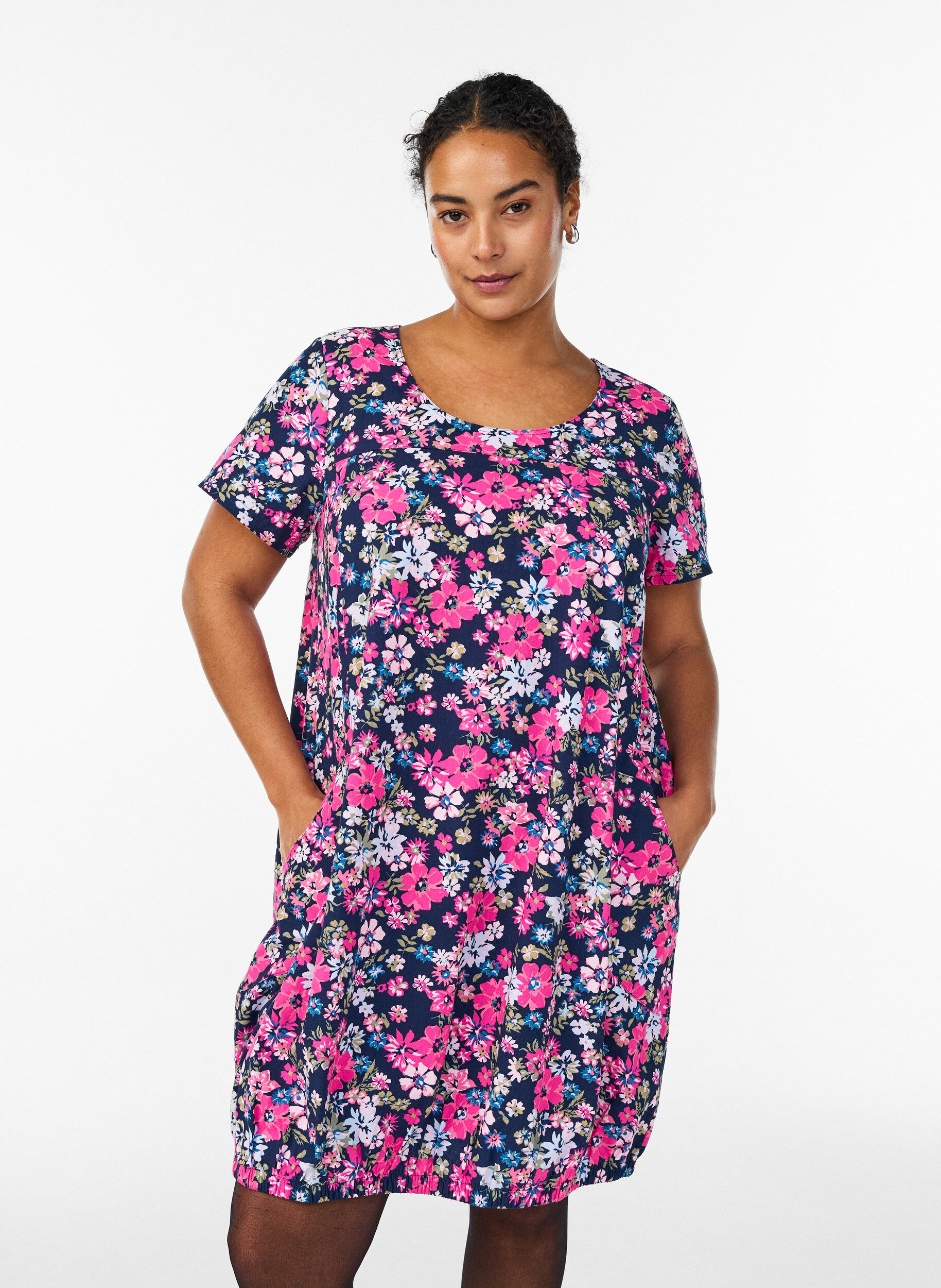 Zizzi Katoenen jurk met korte mouwen en print, Blauw, Model image number 0