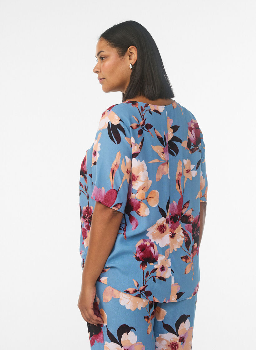 Viscose blouse met korte mouwen met print, Blauw, Model image number 2