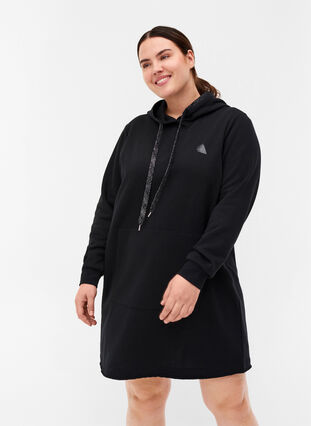Lang sweatshirt met capuchon en zak, Black, Model image number 0