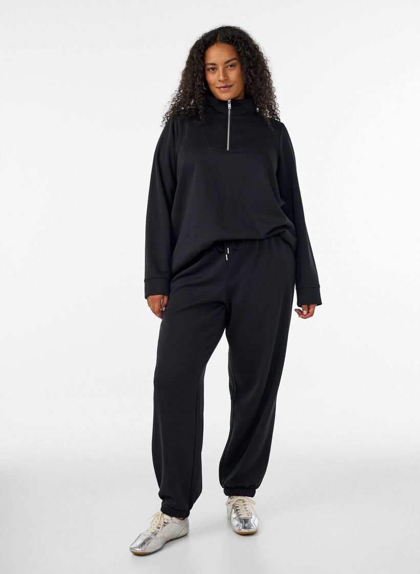 Sweatpants met hoge taille en trekkoord, Zwart, Model image number 0