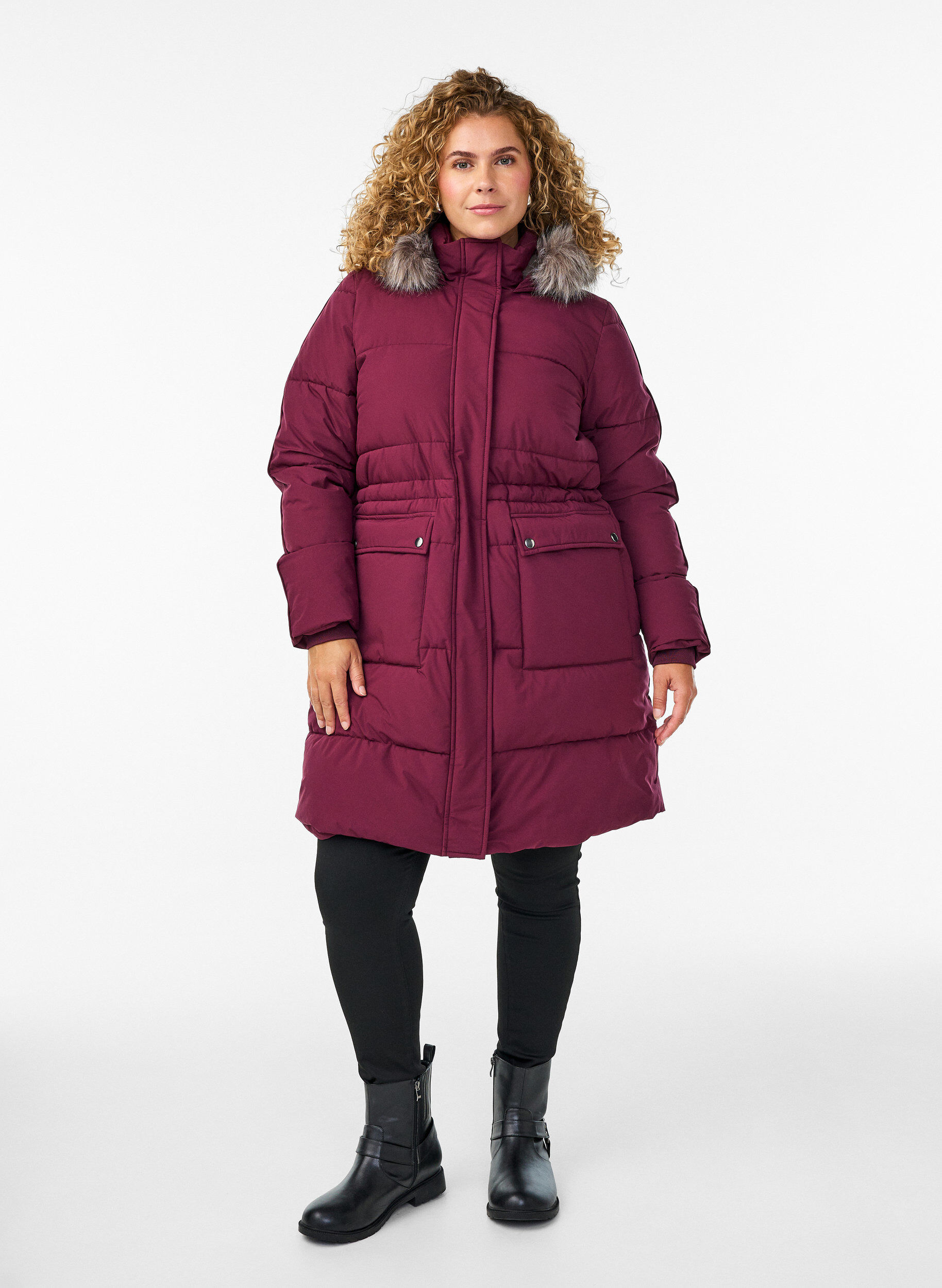 Zizzi Waterafstotende parka met imitatiebontkraag, Donker Bordeaux, Model image number 1