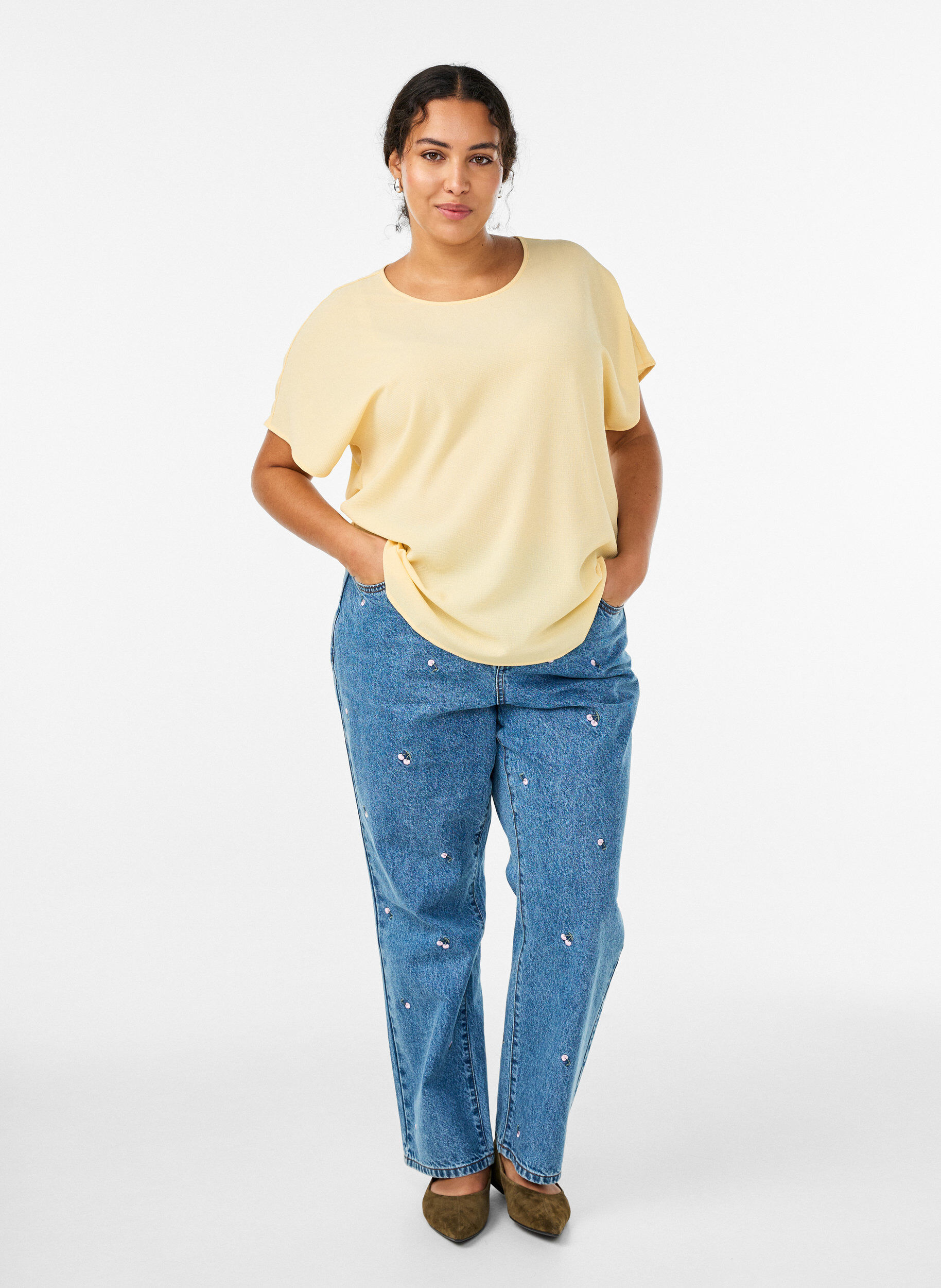 ZizziBlouse met korte mouwen en een ronde halslijn, Geel, Model image number 1