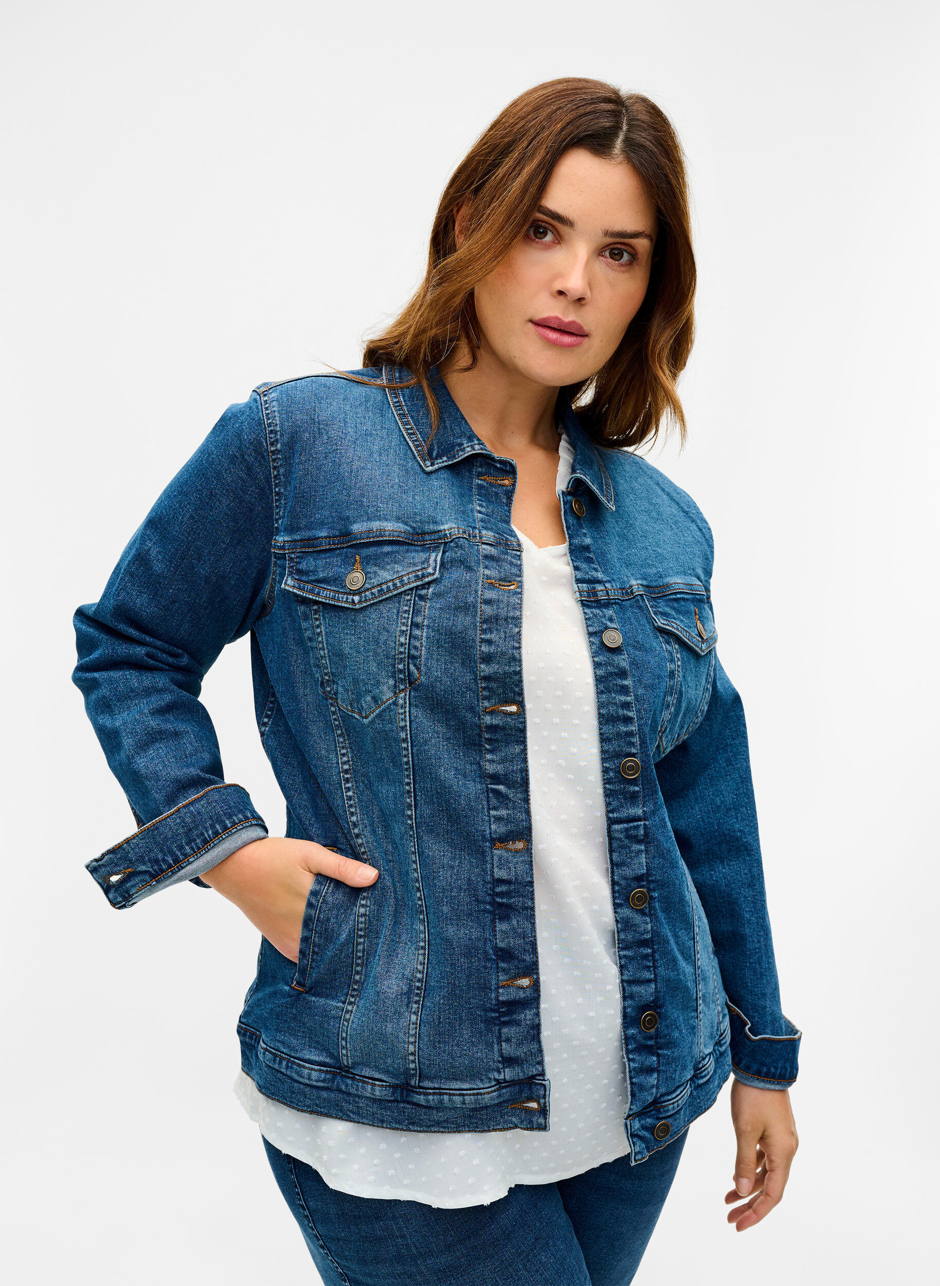 Zizzi Korte denim jas in katoen, Blue denim, Model image number 0