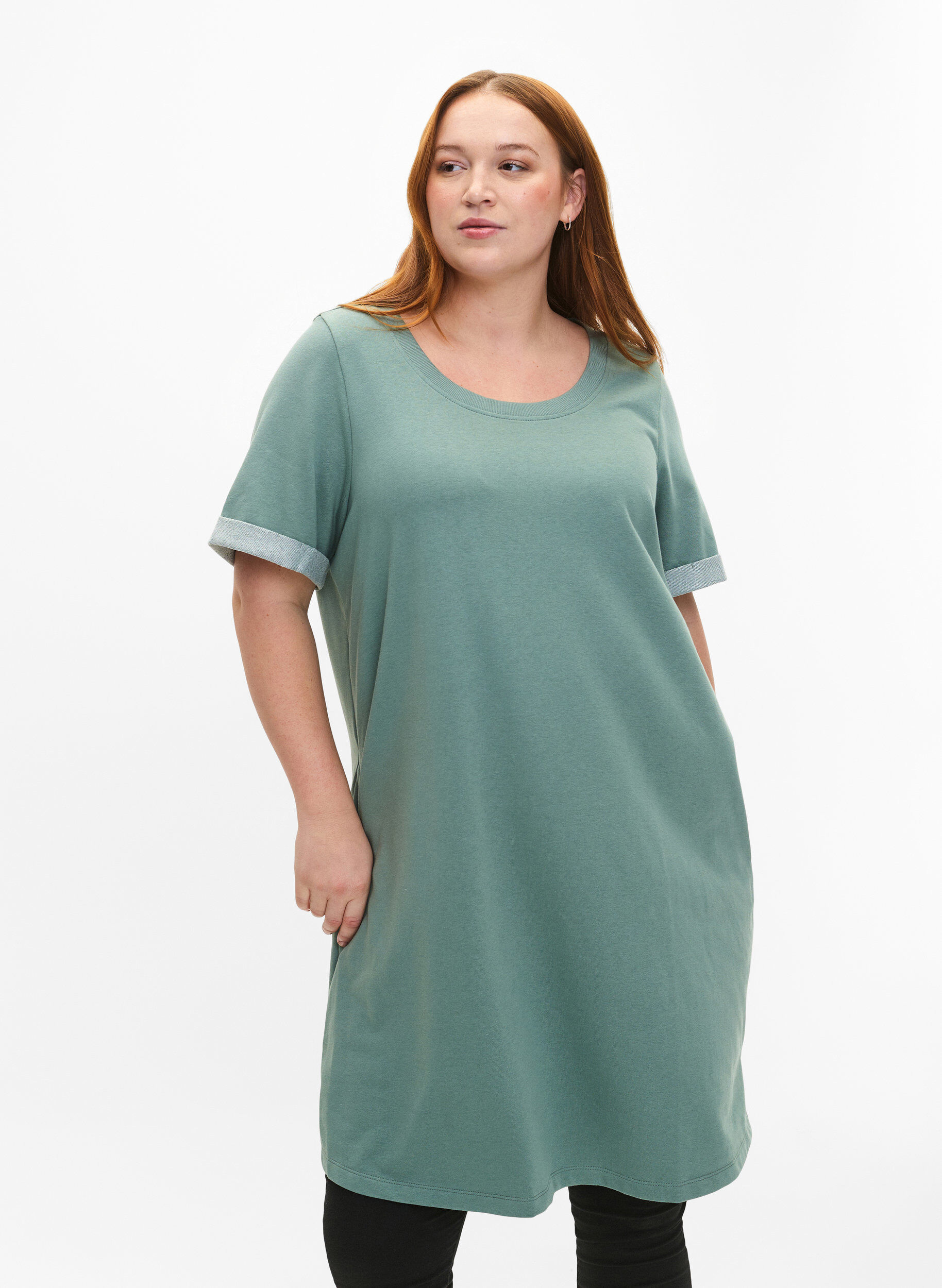 Zizzi Sweatjurk met korte mouwen en zakken, Chinois Green, Model image number 0