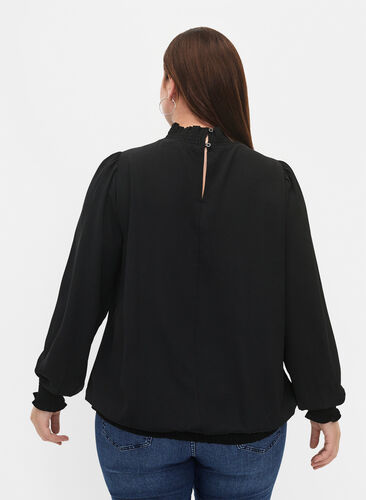 Effen smok blouse met lange mouwen, Black, Model image number 1