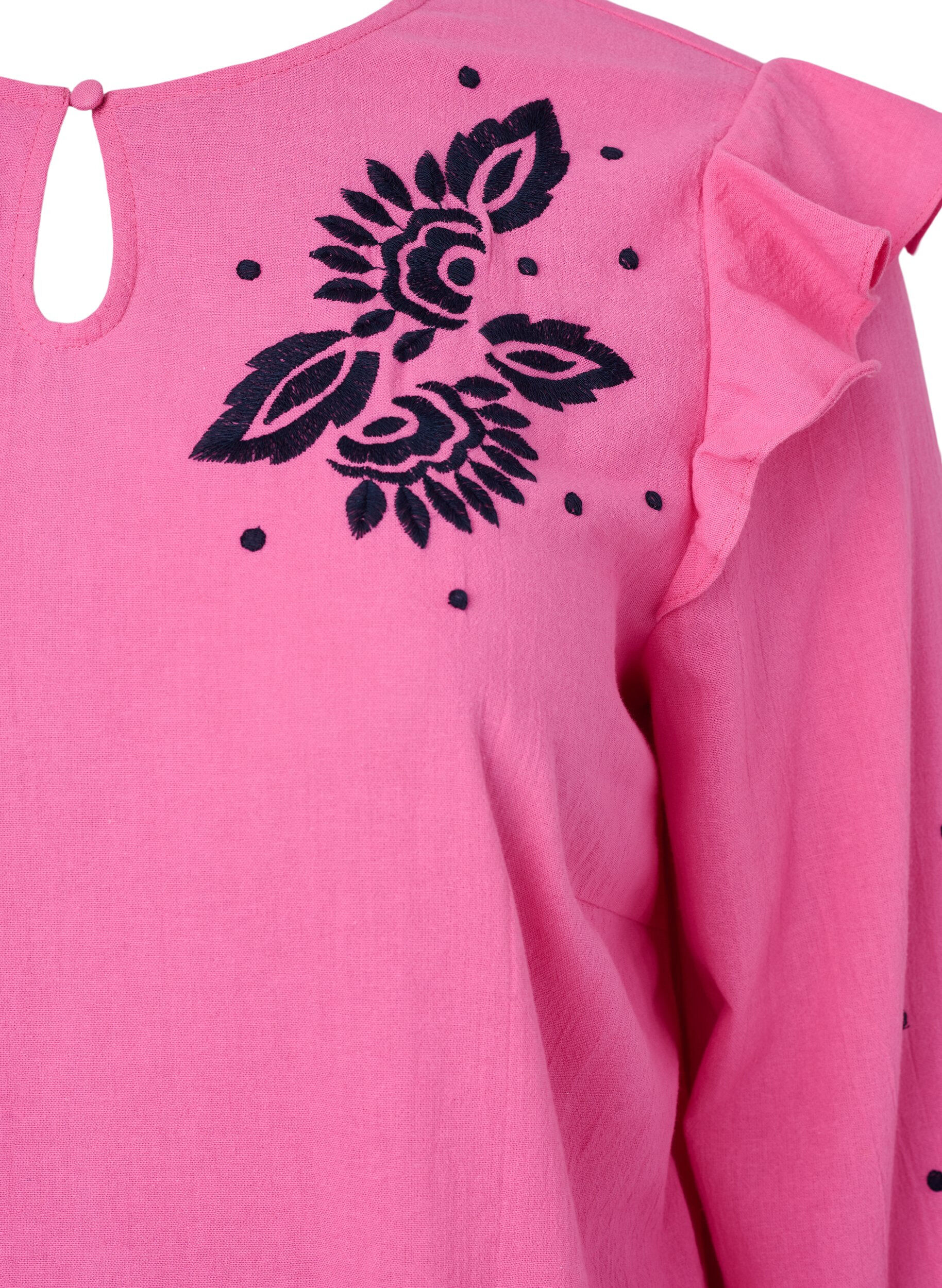 Zizzi Katoenen blouse met borduursel en ruches, Roze, Packshot image number 2
