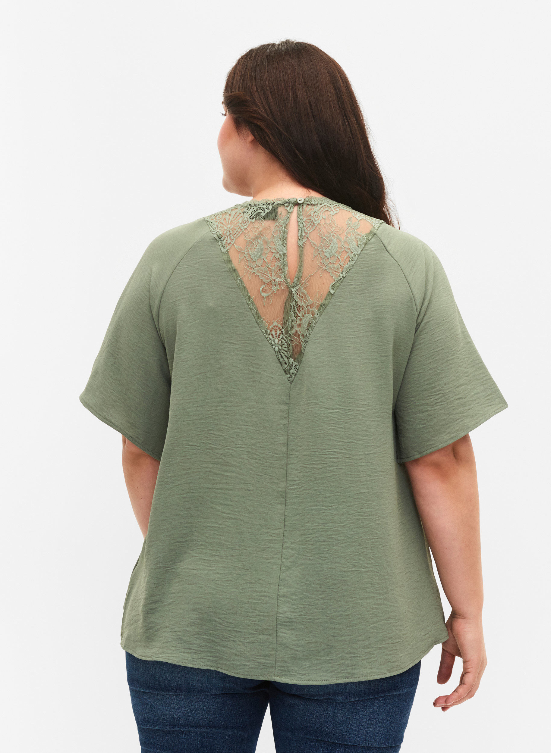 Zizzi Blouse met korte mouwen en kant, Lily Pad, Model image number 1