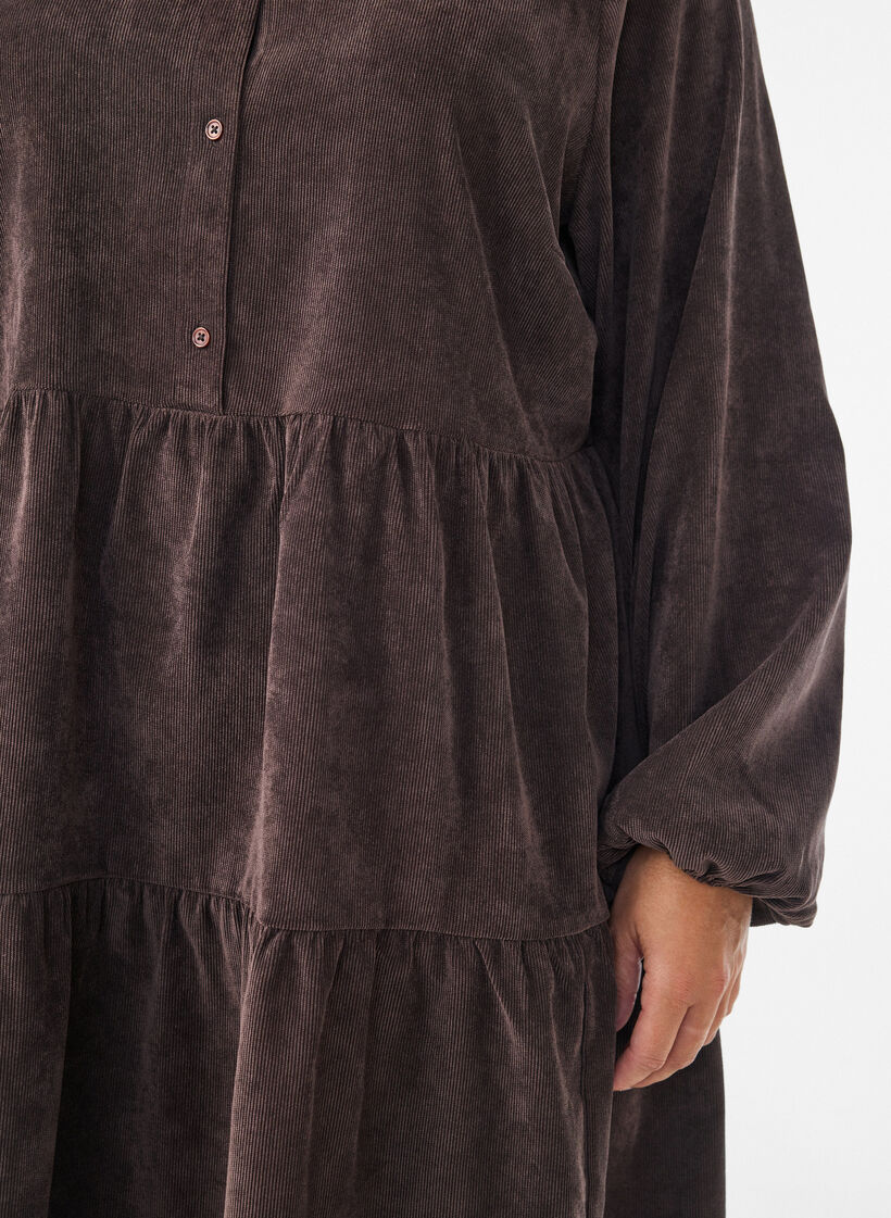 Corduroy jurk met A-lijn en opstaande kraag, Bruin, Model image number 3