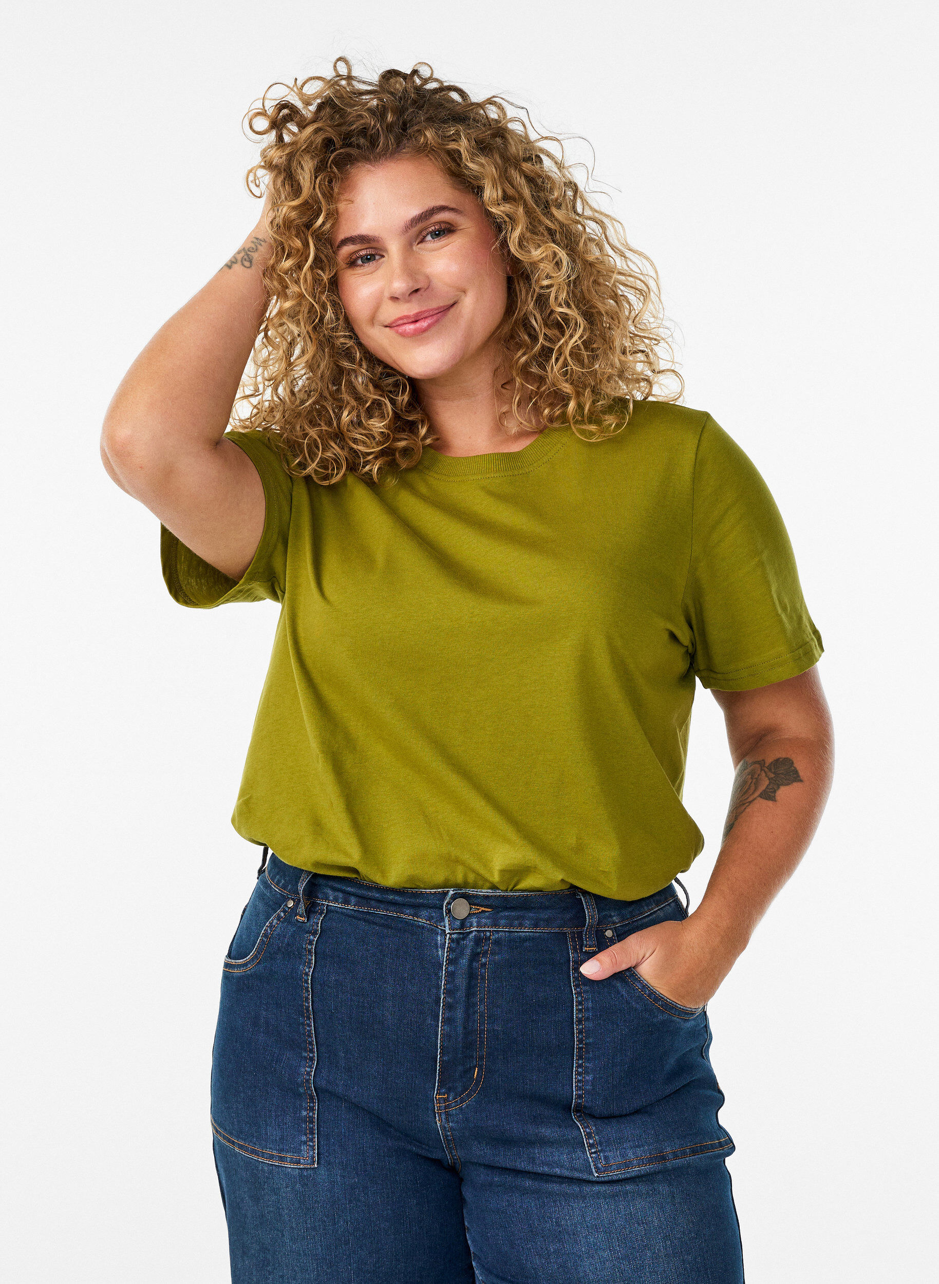 ZizziBasic katoenen T-shirt met ronde hals, Groen, Model image number 0