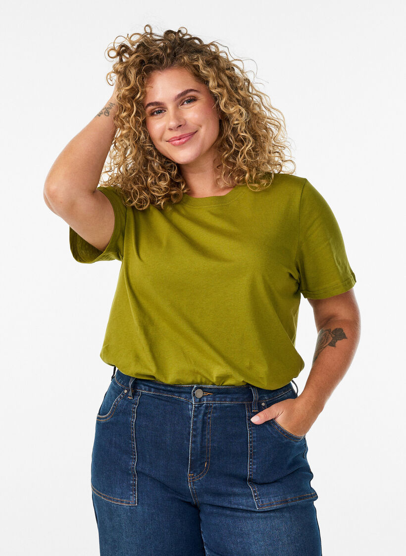 Basic katoenen T-shirt met ronde hals, Groen, Model image number 0