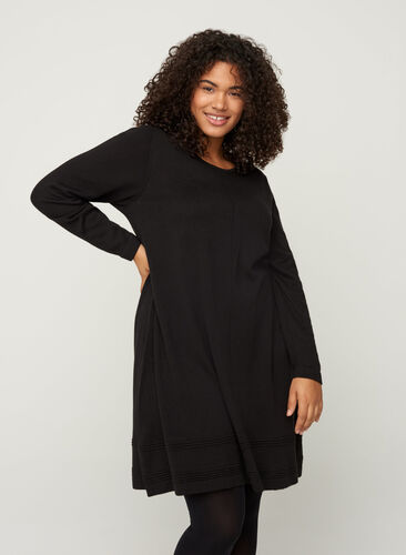 Gebreide jurk met lange mouwen en a-lijn, Black, Model image number 0