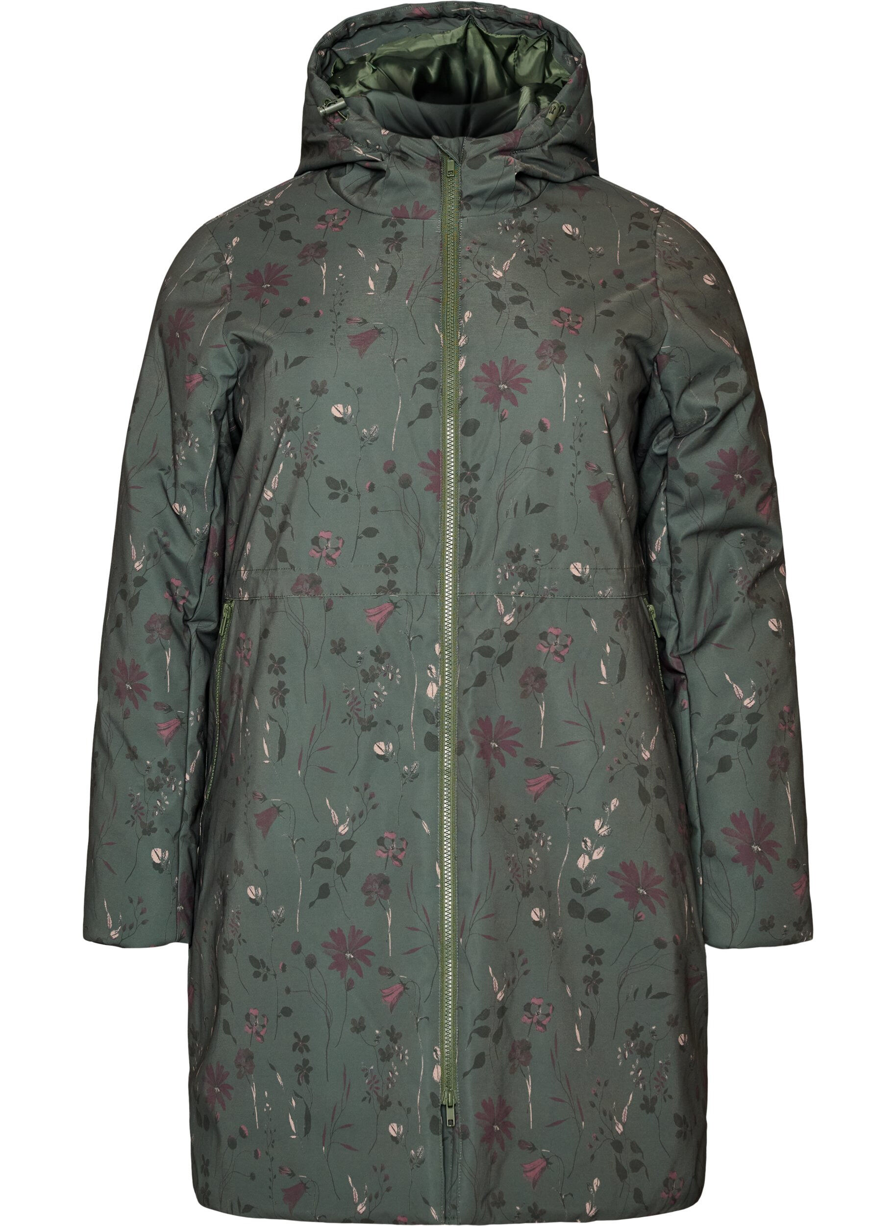 ZizziGewatteerde winterjas met bloemenprint, Groen, Packshot image number 0