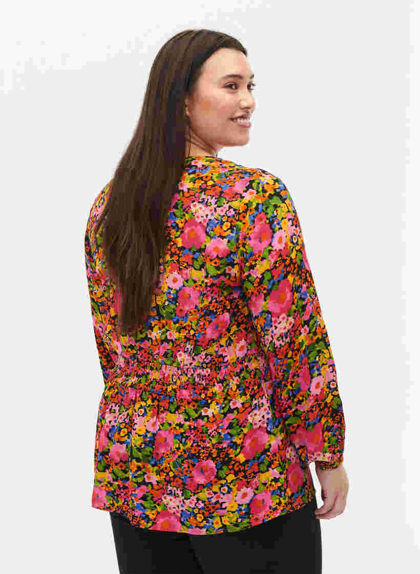 Viscose blouse met bloemenprint en smok, Neon Flower Print, Model image number 1