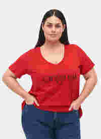 Katoenen t-shirt met tekstopdruk en v-hals, Tango Red ORI, Model