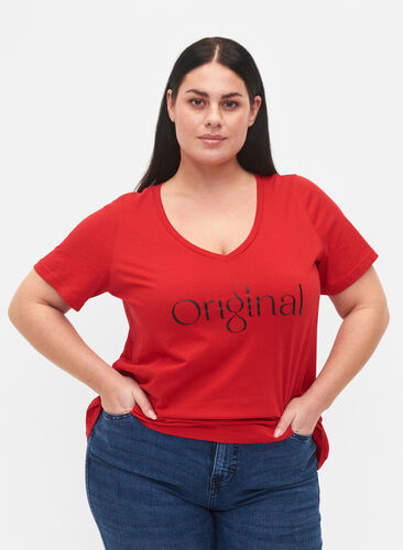 Katoenen t-shirt met tekstopdruk en v-hals, Tango Red ORI, Model image number 0