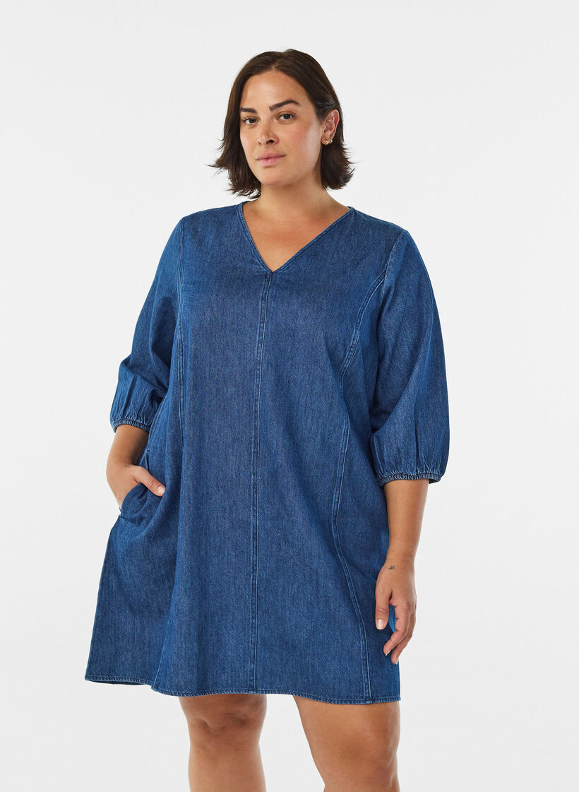 Korte denimjurk met 3/4 mouwen, Blauw, Model image number 0