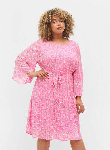 Geplooide jurk met strikceintuur, Pink Ditzy Flower, Model image number 0