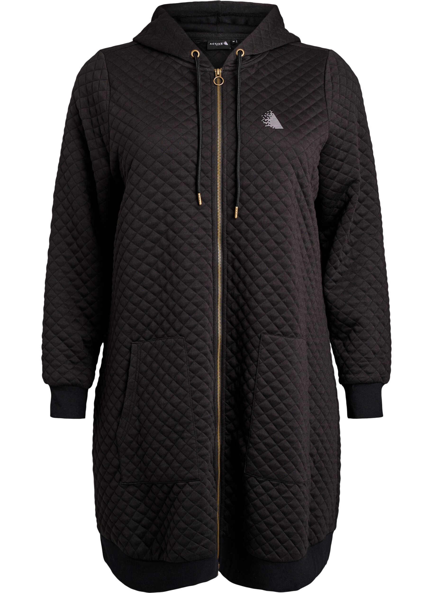 Zizzi Lange gewatteerde hoodie met rits en zakken, Zwart, Packshot image number 0