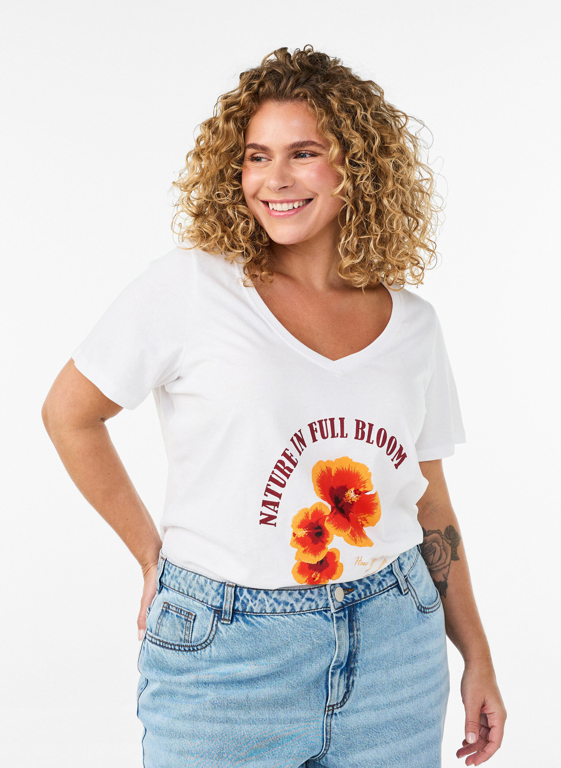 Katoenen T-shirt met V-hals en print aan de voorkant, Wit, Model