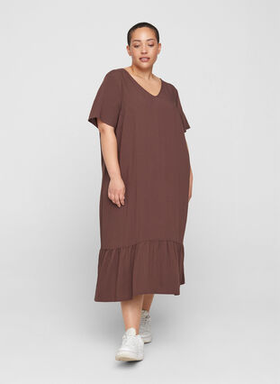 Viscose jurk met korte mouwen en v-hals, Mocca, Model image number 0