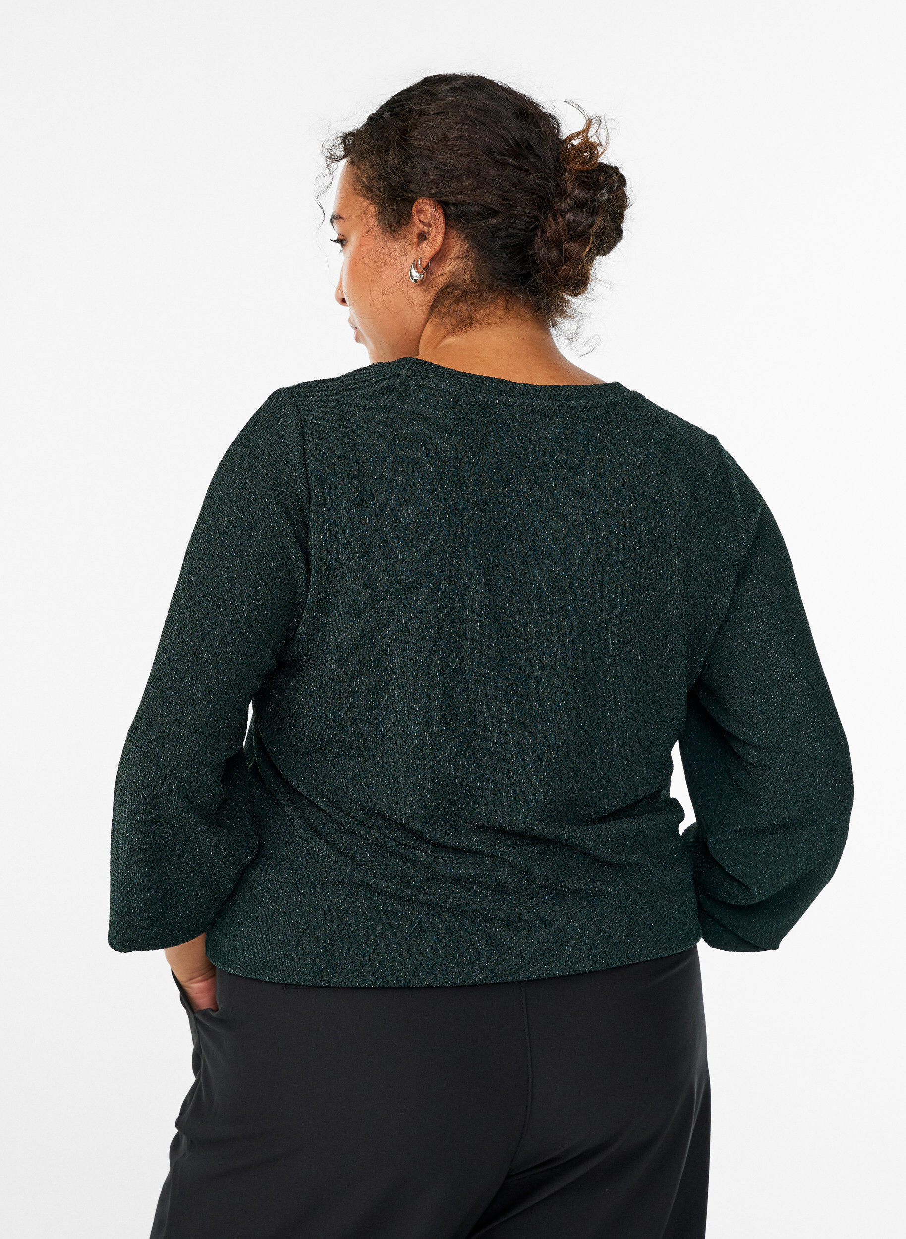 ZizziBlouse met visgraatpatroon en glinsterend garen, Groen, Model image number 2