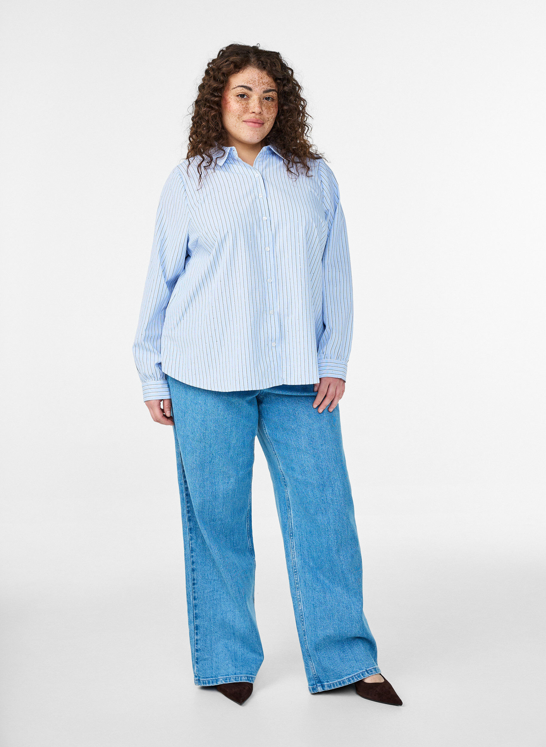 Zizzi Gestreept shirt met studs, Blauw, Model image number 1