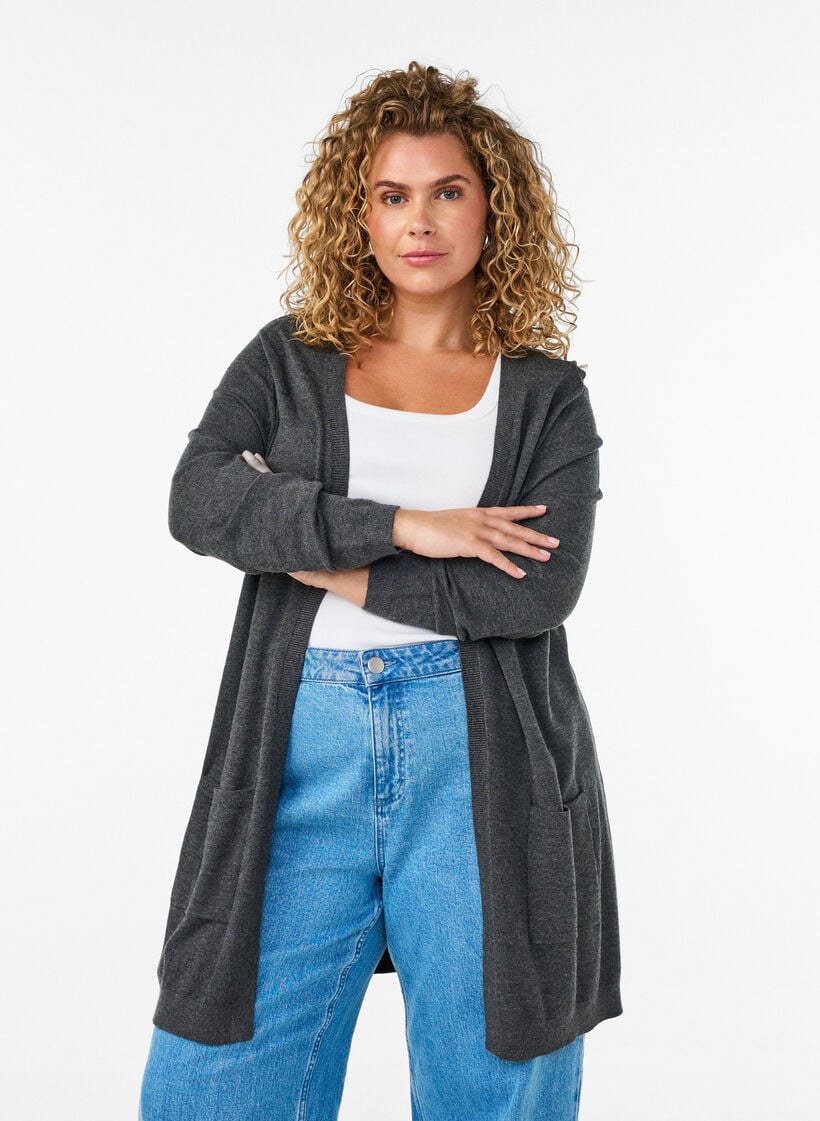 Lang gebreid vest in viscosemix, Grijs, Model image number 0