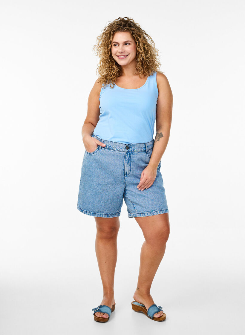 Solide kleur basis top in katoen, Blauw, Model image number 1