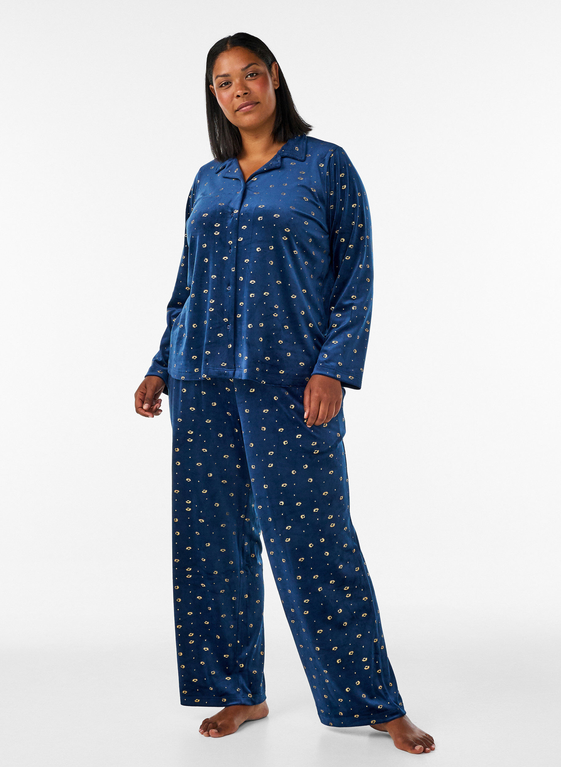 Velours pyjamabroek met all-over print, Blauw, Model