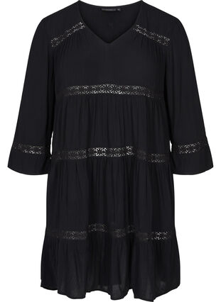 Viscose jurk met a-lijn en kanten lint, Black, Packshot image number 0